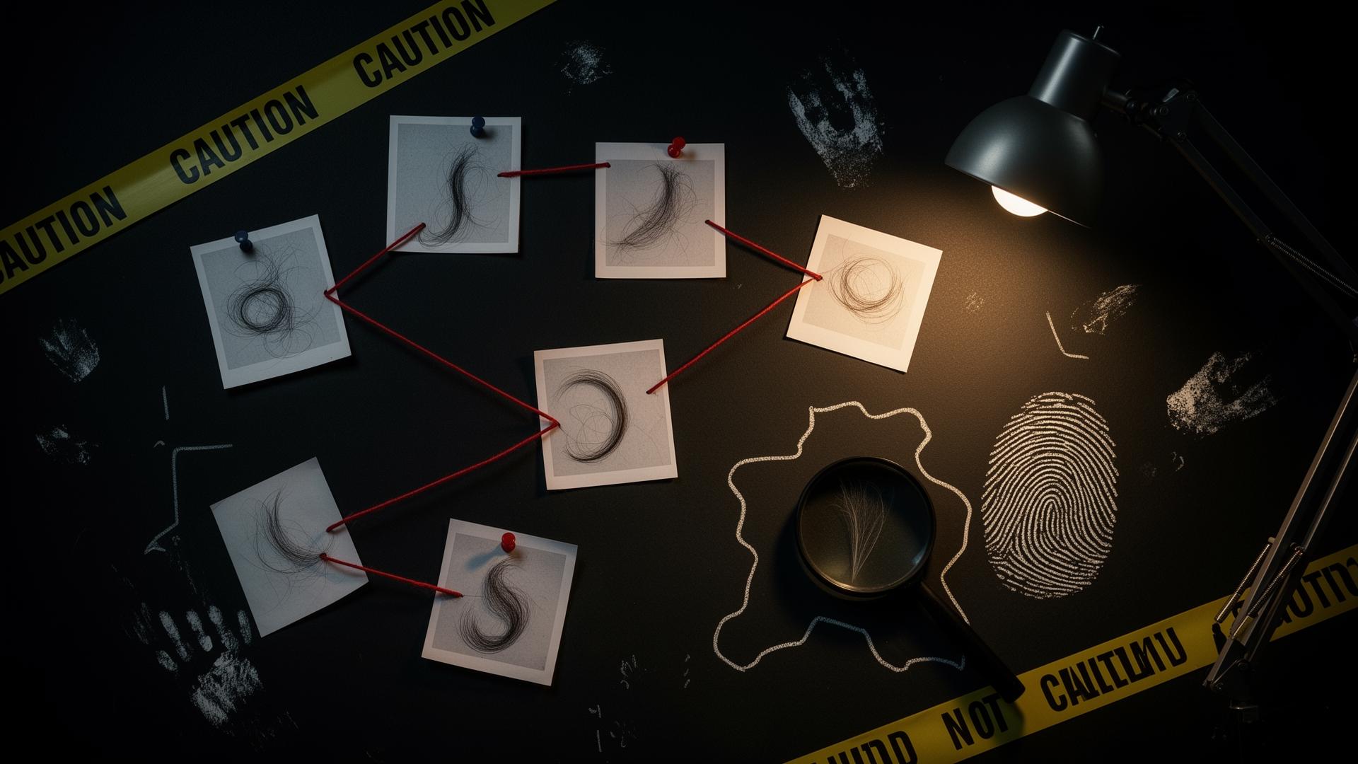 Forensic evidence board with hair samples, caution tape and magnifying glass